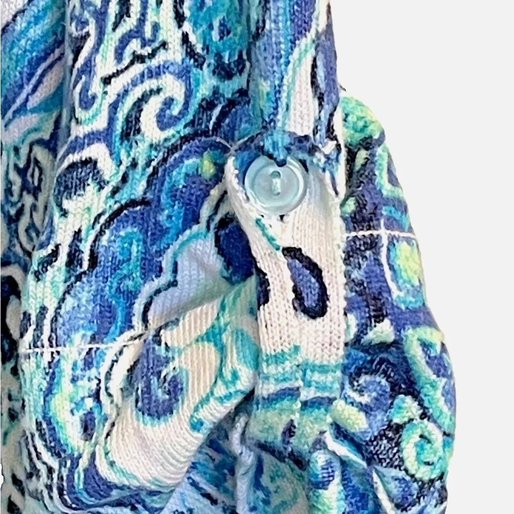 Talbots Medallion Print Lightweight Sweater XL Blue Green Roll Tab Sleeve Top